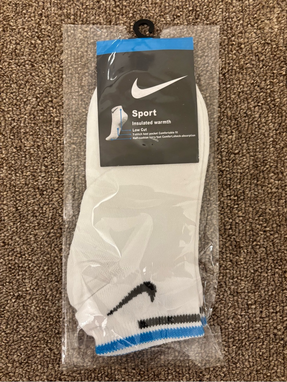 Nike White Low-Cut Athletic Socks with Blue and Black Trim
